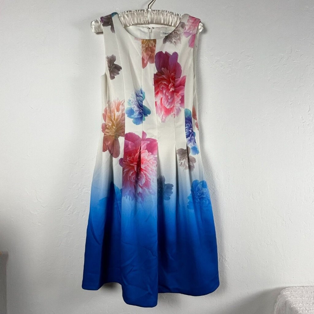 Calvin Klein Women's Floral Sleeveless Pleated Casual Mini Dress White Blue 6